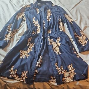 ECI Navy Blue Long Sleeve Dress with Gold Floral Embroidery